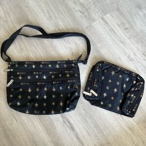 LeSportSac Crossbody Purse & Bag Set Starlet Print Black Metallic Freehand Stars